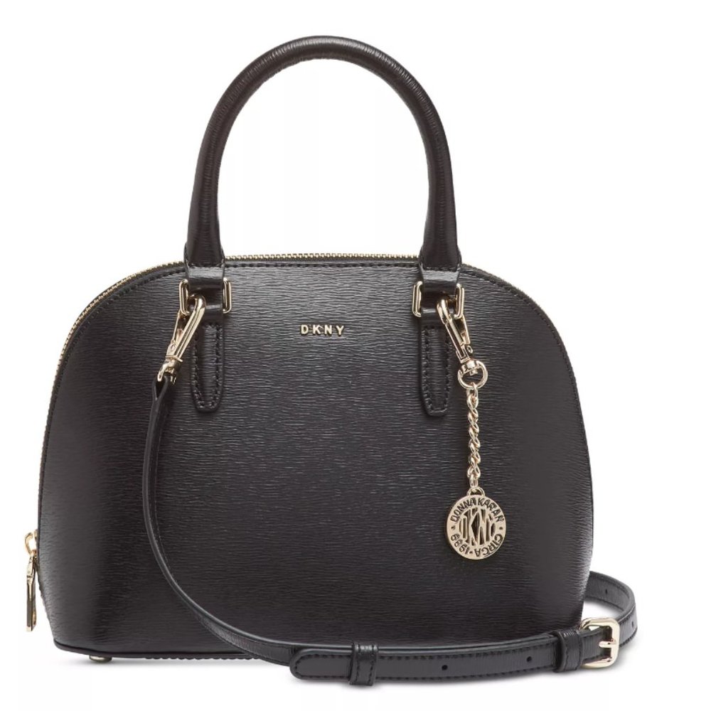 DKNY Bryant Convertible Strap Dome Satchel Handbag Black Gold Tone